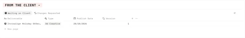 After: the approved ad is gone, one deliverable left