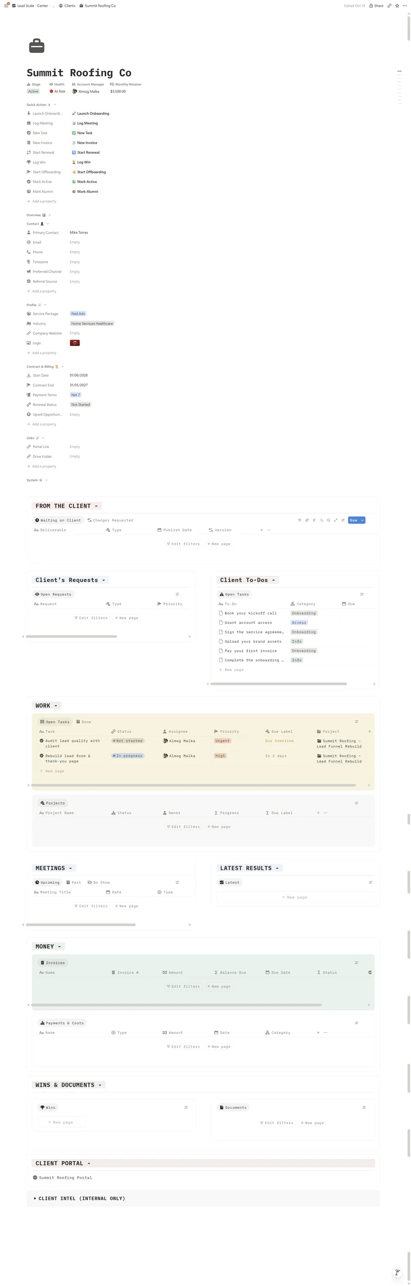 Summit Roofing Co command center: stage, health, retainer, onboarding and renewal buttons, tasks, invoices, meetings, wins, documents and client intel