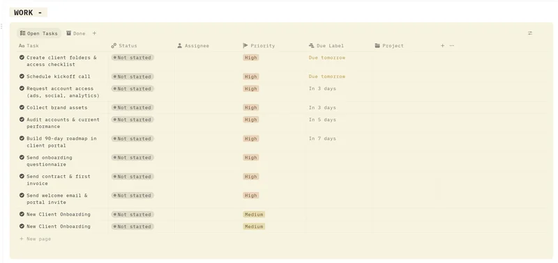The onboarding tasks created by one click, each with a due label
